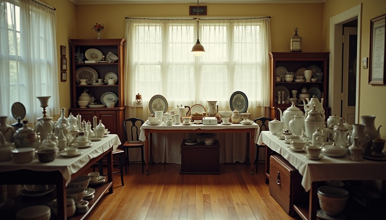 A warm, tidy estate-sale room with china cabinets and teapots and plates arranged on cloth-draped tables