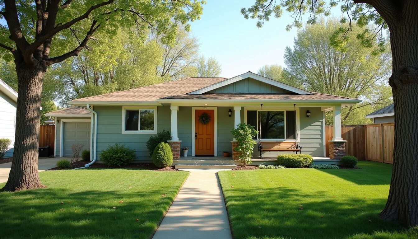 An inviting ranch-style home with a welcoming front porch and porch swing in a quiet Idaho neighborhood