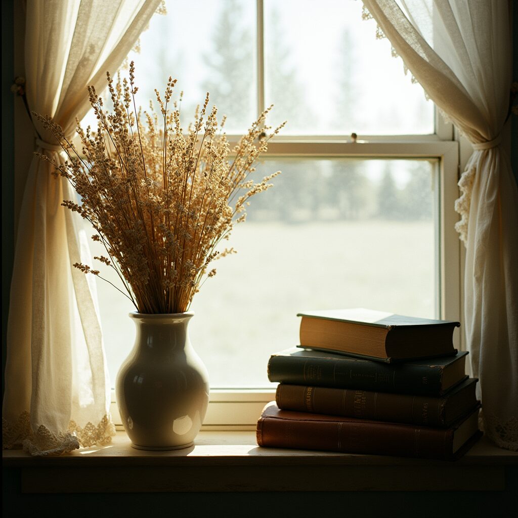 A warm domestic detail — a vase of dried wildflowers and a stack of old books on a sunlit windowsill