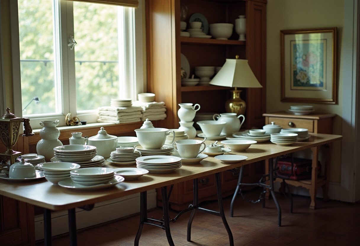 A tidy, respectfully staged estate sale — folding tables of neatly arranged vintage dishware, books, and lamps in a lived-in family home