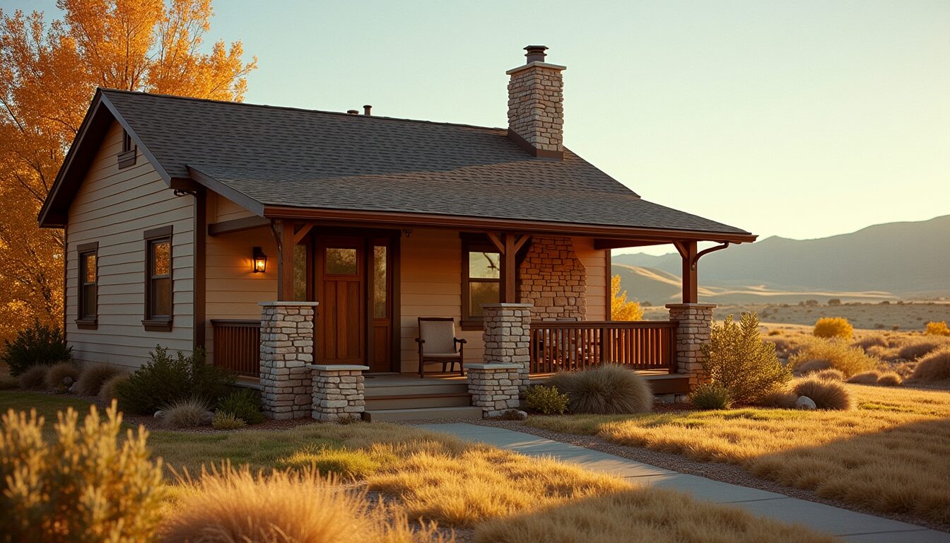 A warm, single-story craftsman home with a covered front porch in the Southeastern Idaho foothills at golden hour